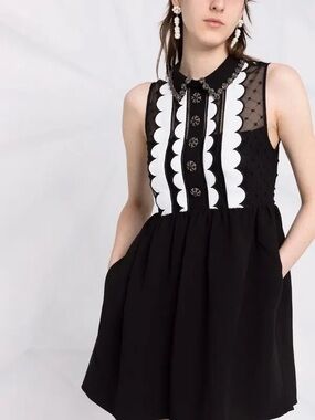NWT- SELF-PORTRAIT Black and White Sleeveless Scallop-Trim Mini Dress